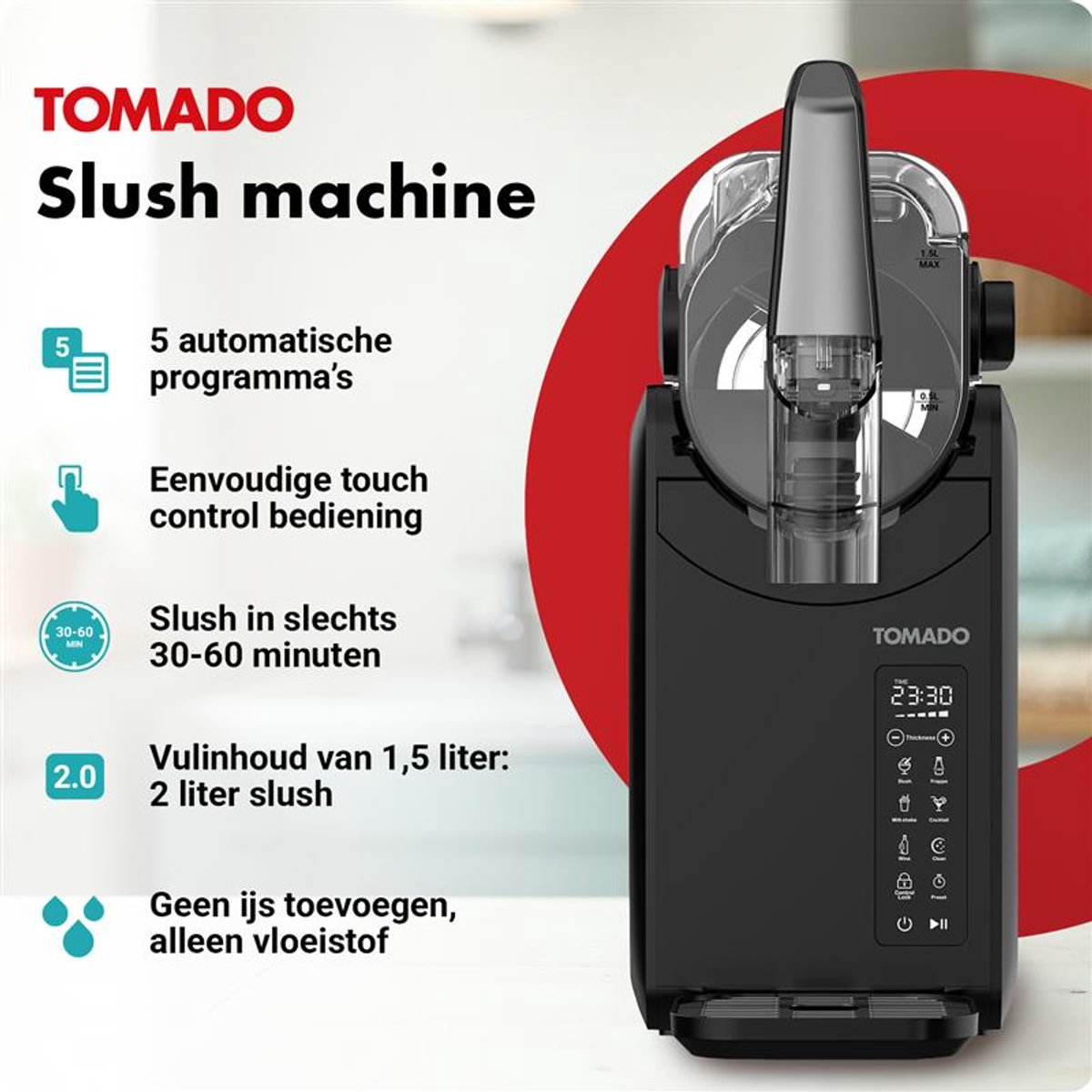 Schwarze Tomado Slush-Eismaschine mit Touchscreen, 5 Programme, 1,5L Kapazität.