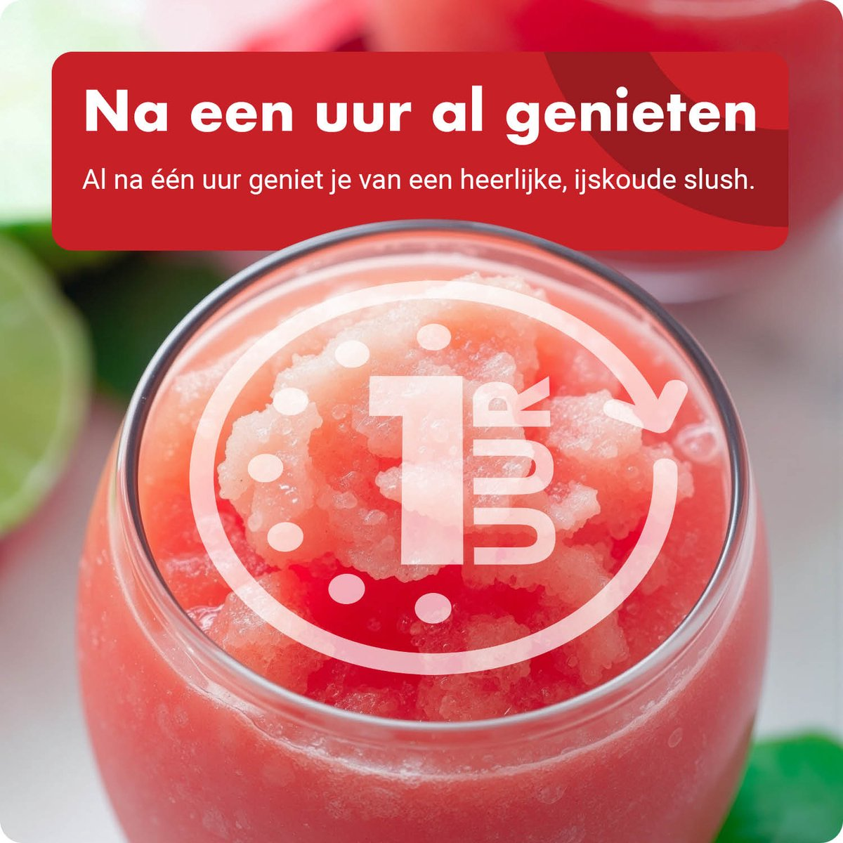 Ein Glas eisgekühlter roter Slush mit einer "1 Stunde"-Grafik.