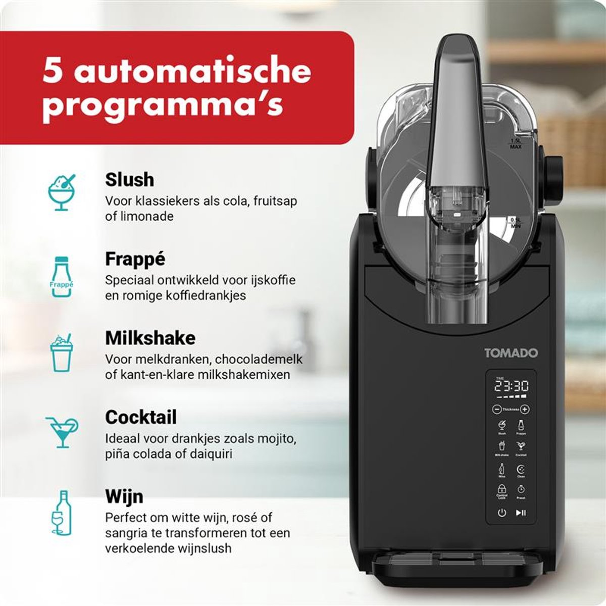 Ein schwarzer Tomado Getränkezubereiter mit 5 Programmen: Slush, Frappé, Milkshake, Cocktail, Wein.