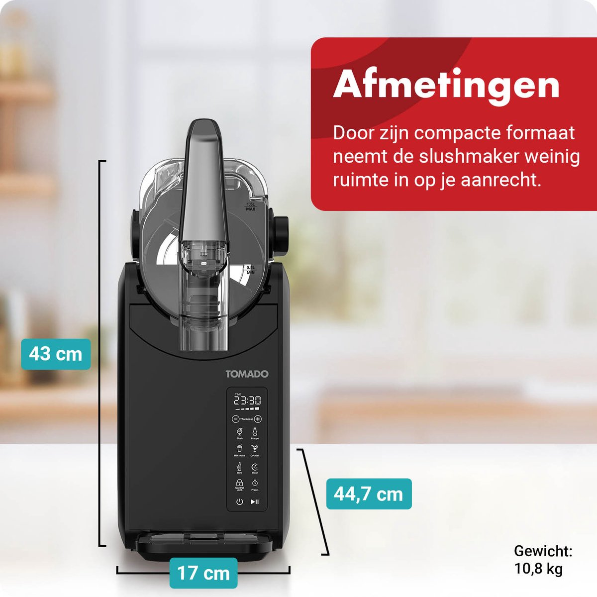 Schwarzer Slushmaker mit digitalen Bedienelementen, 43cm hoch, 17cm breit.