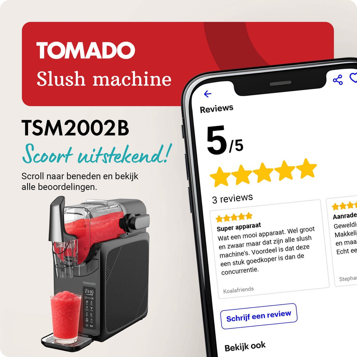 Tomado Slush-Maschine TSM2002B mit Glas gefüllt, Handy zeigt 5/5 Sterne.