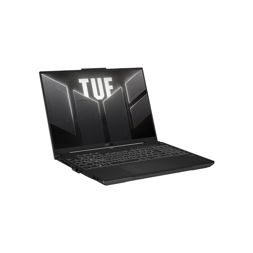 Kapalı siyah ASUS TUF oyuncu dizüstü bilgisayar yandan açık şekilde gösteriliyor.