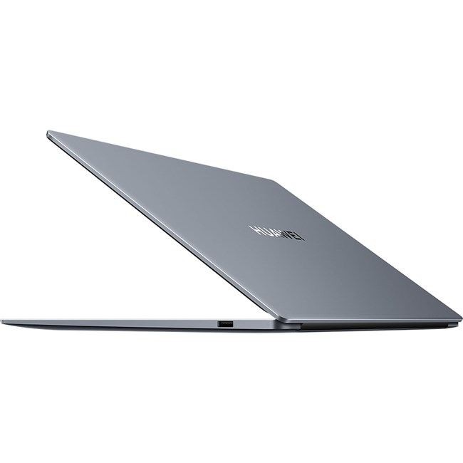 Gri Huawei dizüstü bilgisayar, kapalı, yan tarafında USB-C bağlantı noktası var.