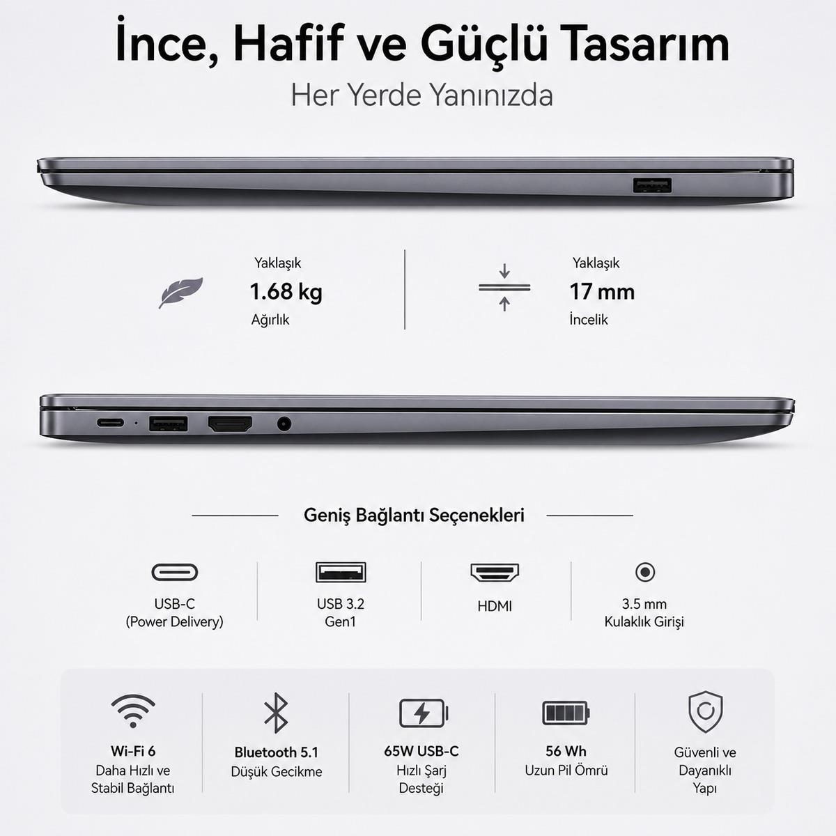 İnce, hafif, güçlü tasarım. Ağırlık 1,68 kg, incelik 17 mm. Bağlantılar: USB-C, USB 3.2, HDMI, 3,5 mm jak.