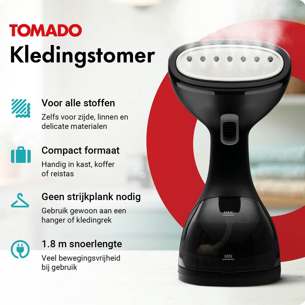 Black Tomado garment steamer with steam, for all fabrics, compact, no ironing board needed.