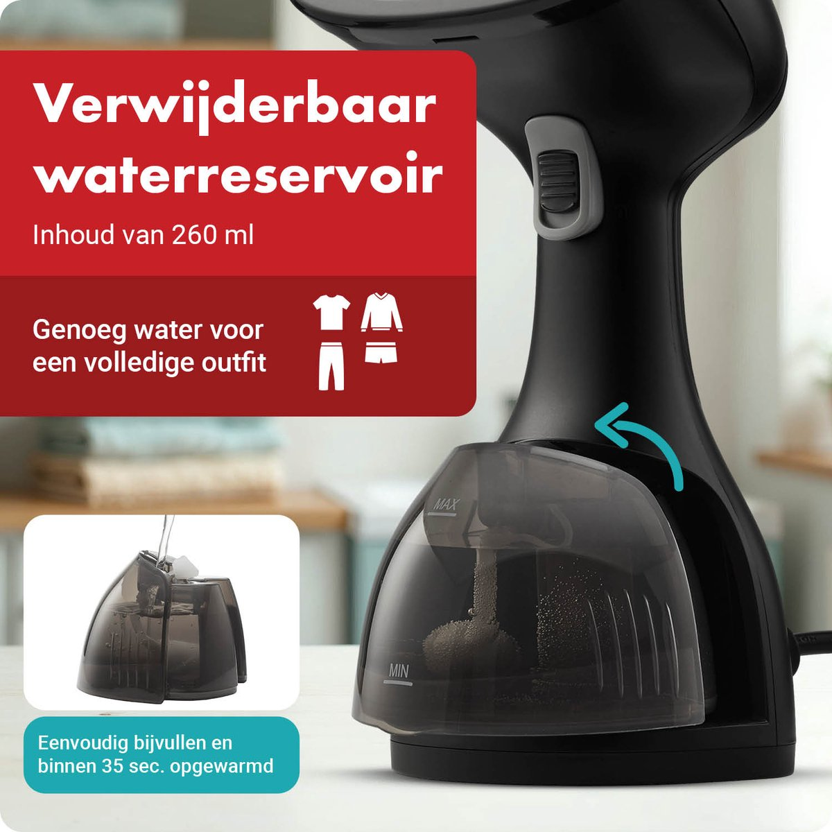 Black garment steamer with a 260ml removable water tank for a full outfit.