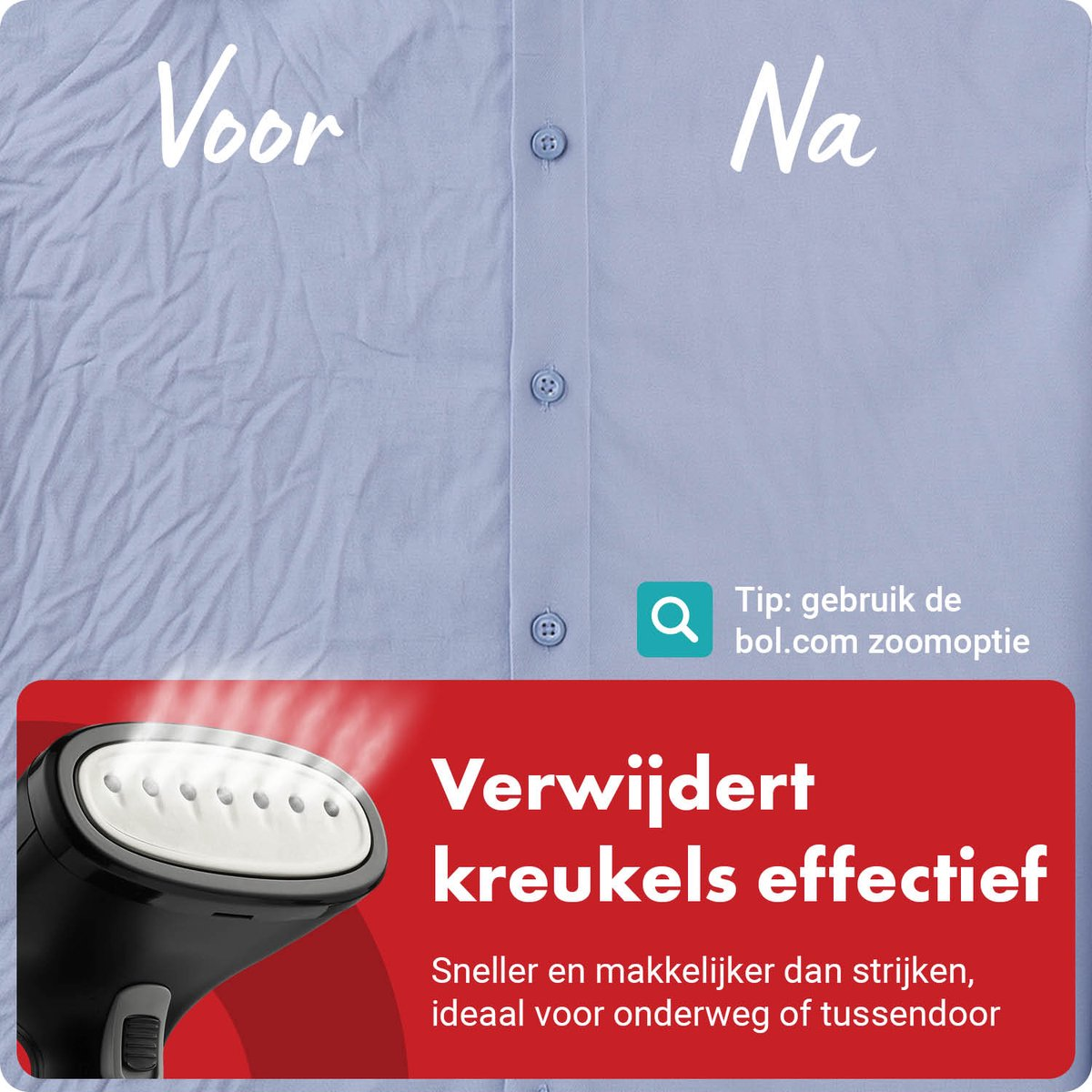 A shirt before and after using a garment steamer. Wrinkles are removed.