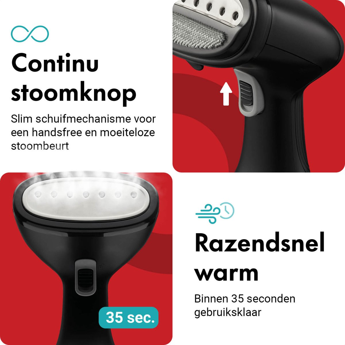 Garment steamer with continuous steam button, heats up fast in 35 seconds.