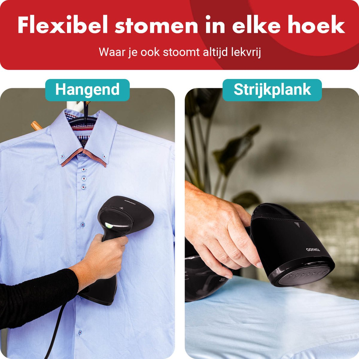 Three shots show a garment steamer smoothing shirts and bedding.