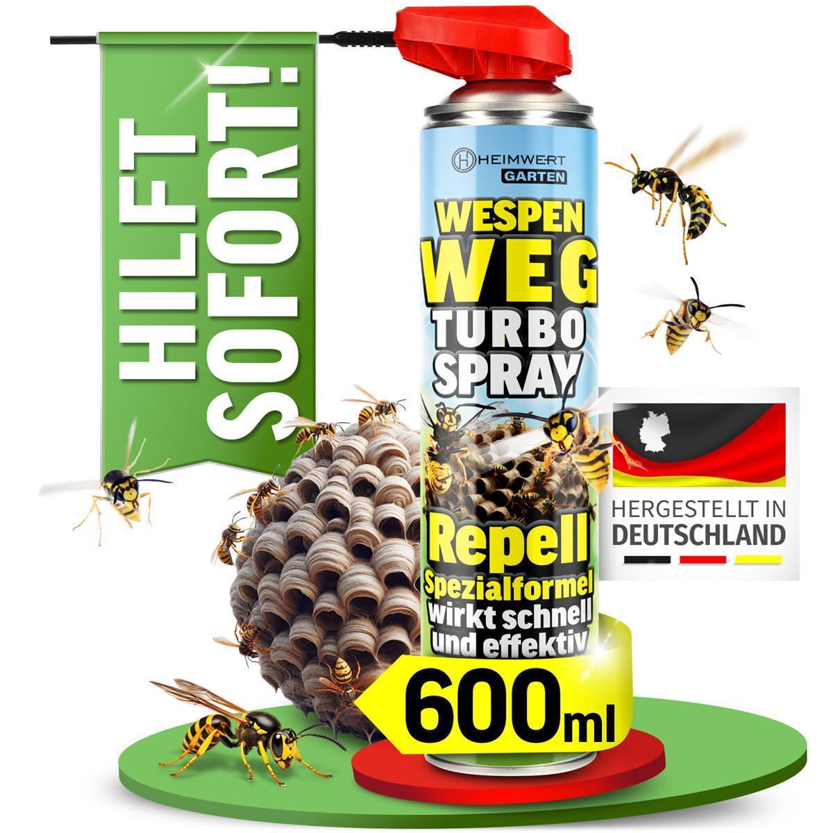 Wespenspray mit Wespennest und Wespen. "Hilft Sofort!"