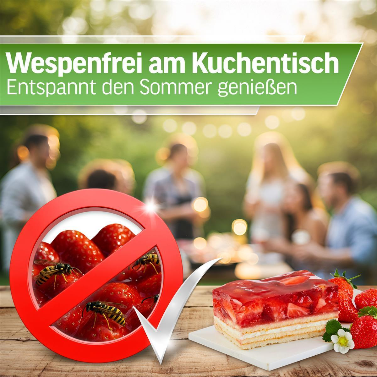 Verbotsschild mit Wespen auf Erdbeeren, daneben ein Erdbeerkuchen.