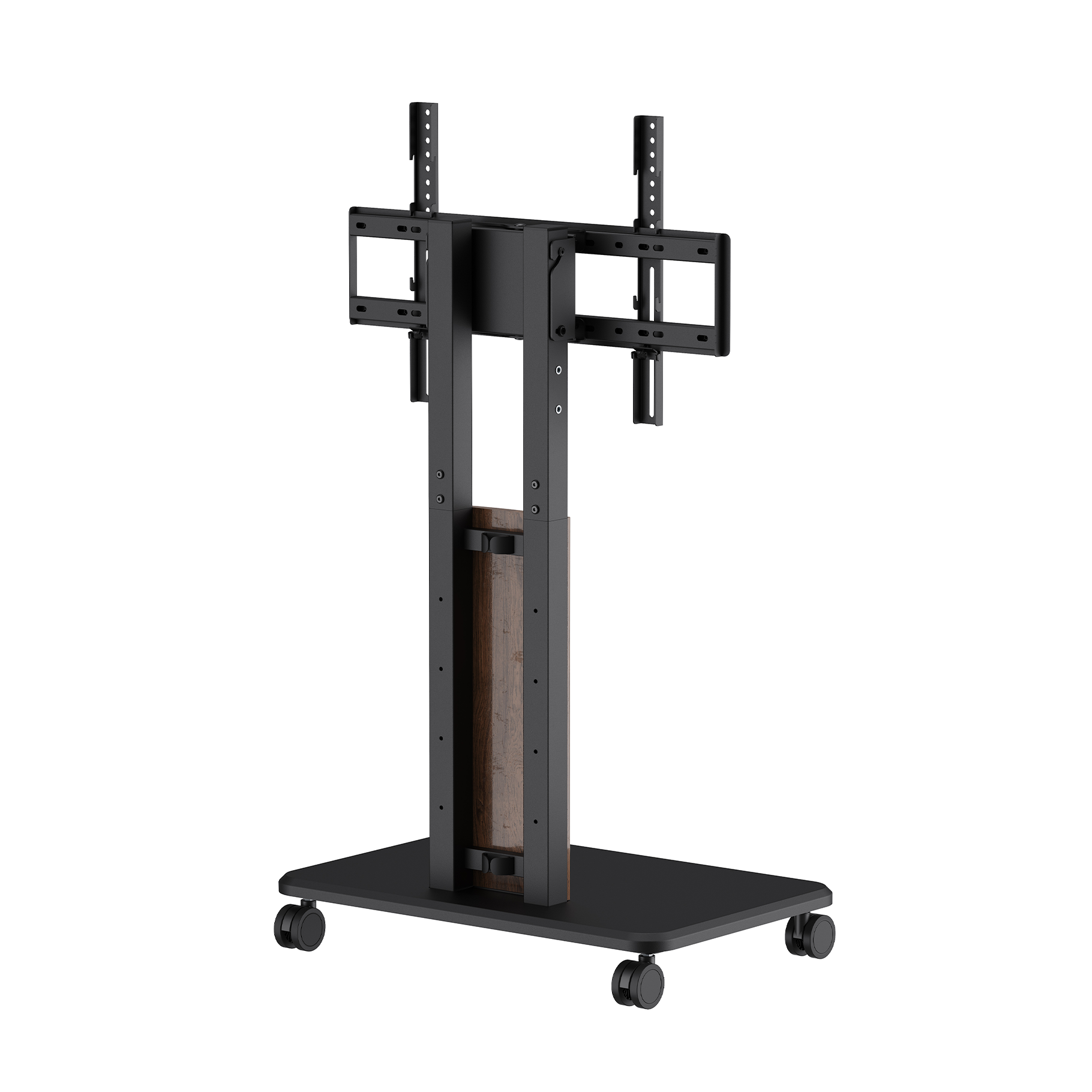 Black TV stand with wheels and wood accent.