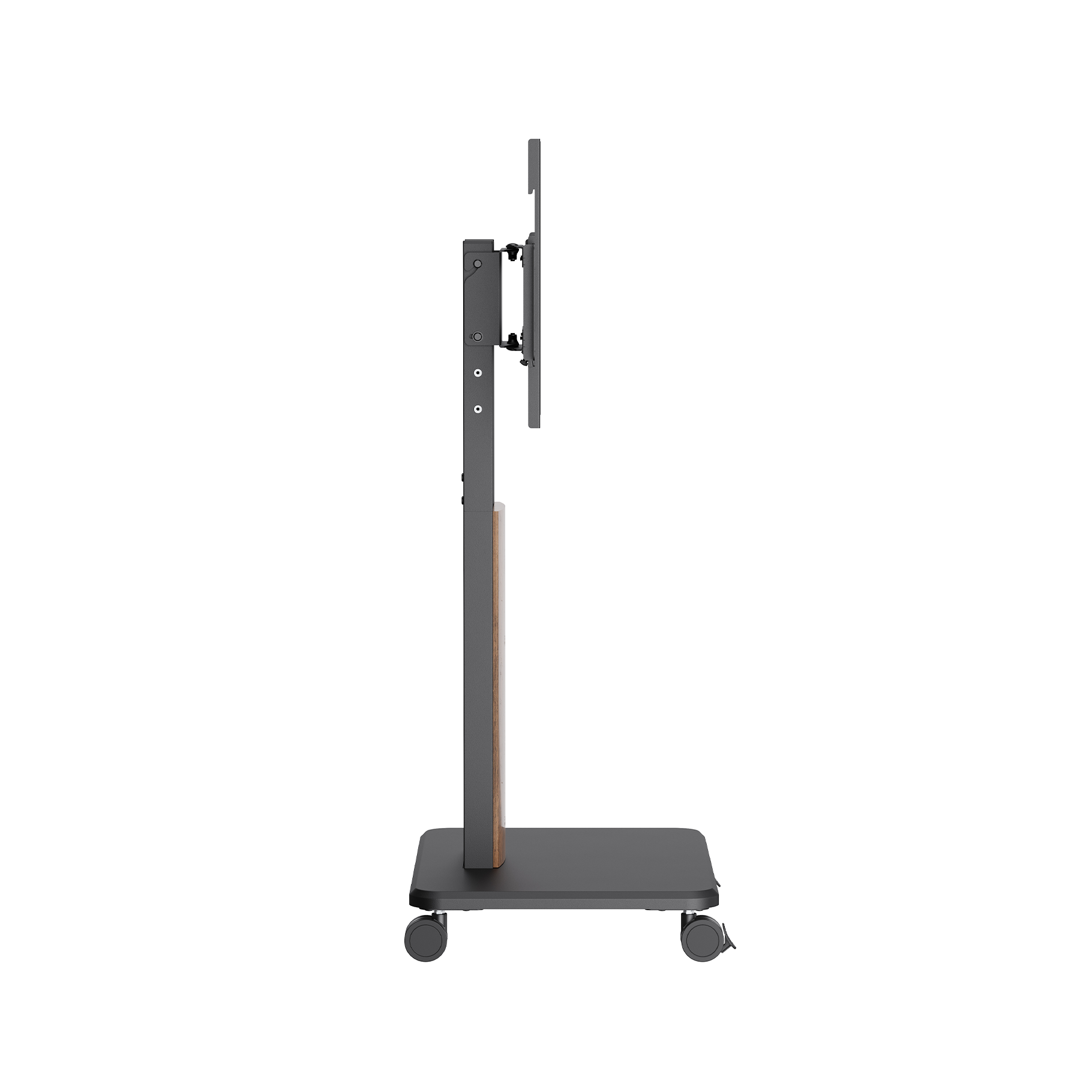 A mobile TV stand on wheels, gray, with a wood accent.