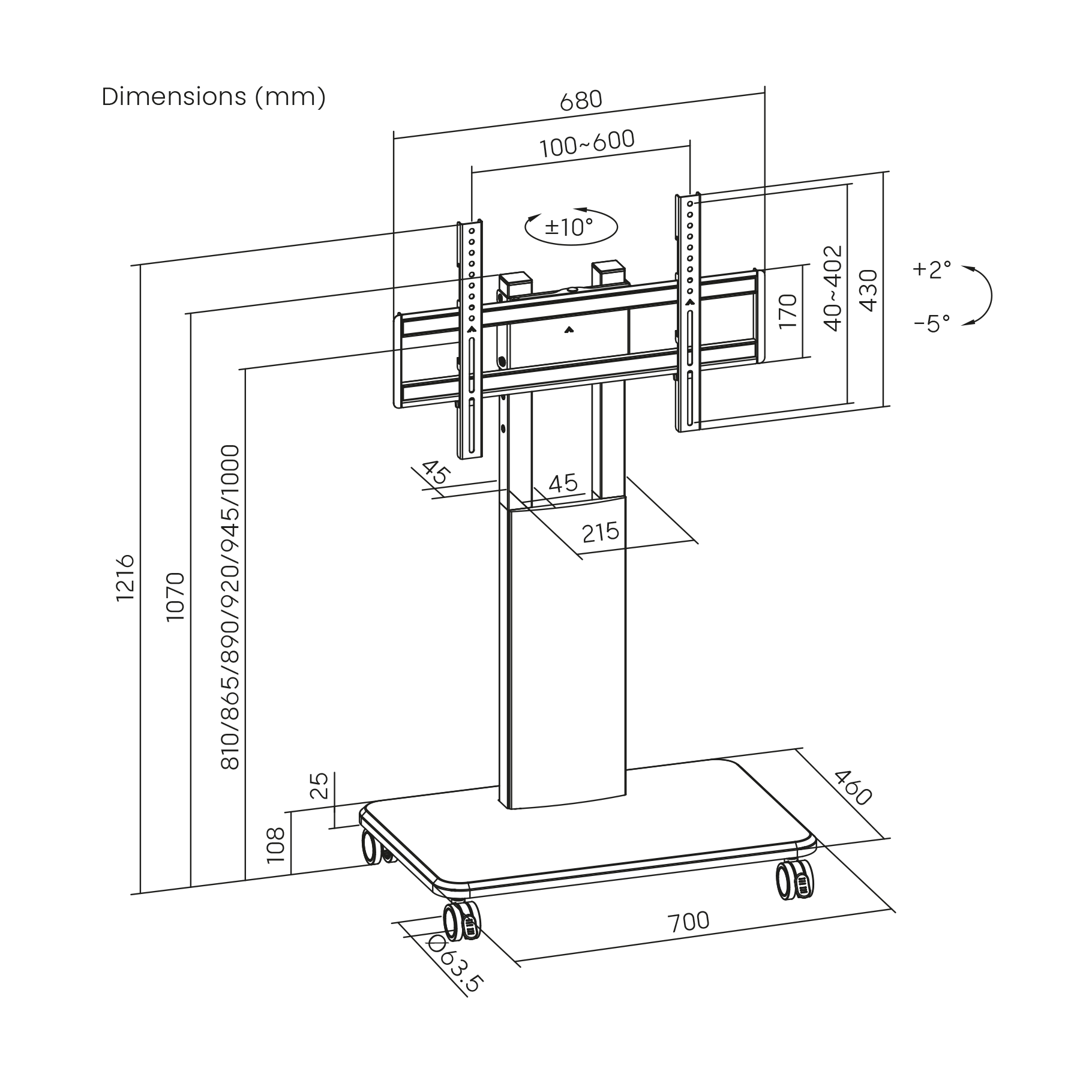 Technical drawing of a TV stand with wheels and dimensions.