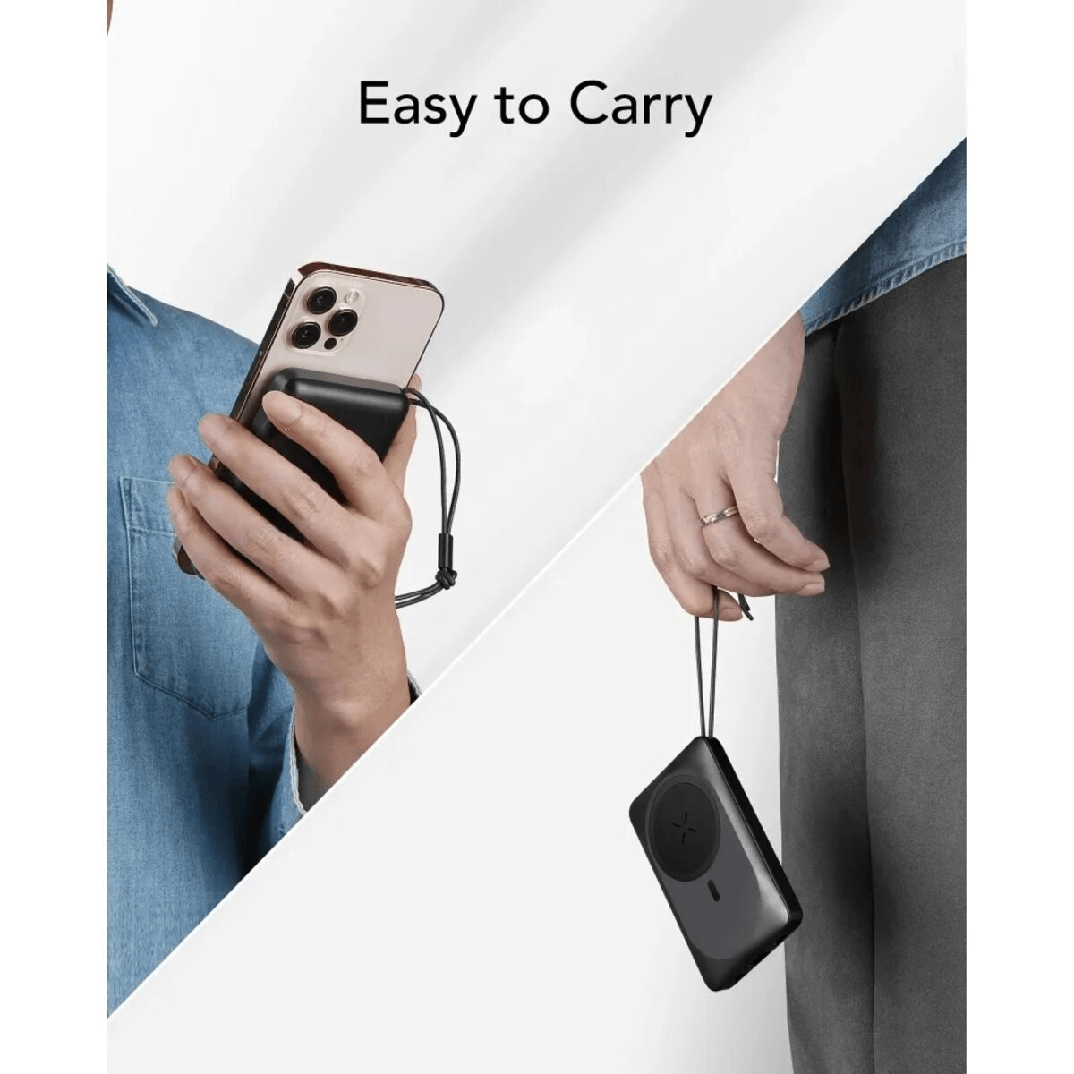 Eine Person hält ein Smartphone mit angeschlossenem schwarzen Ladegerät. Eine andere Person hält ein schwarzes Ladegerät an einer Schnur.