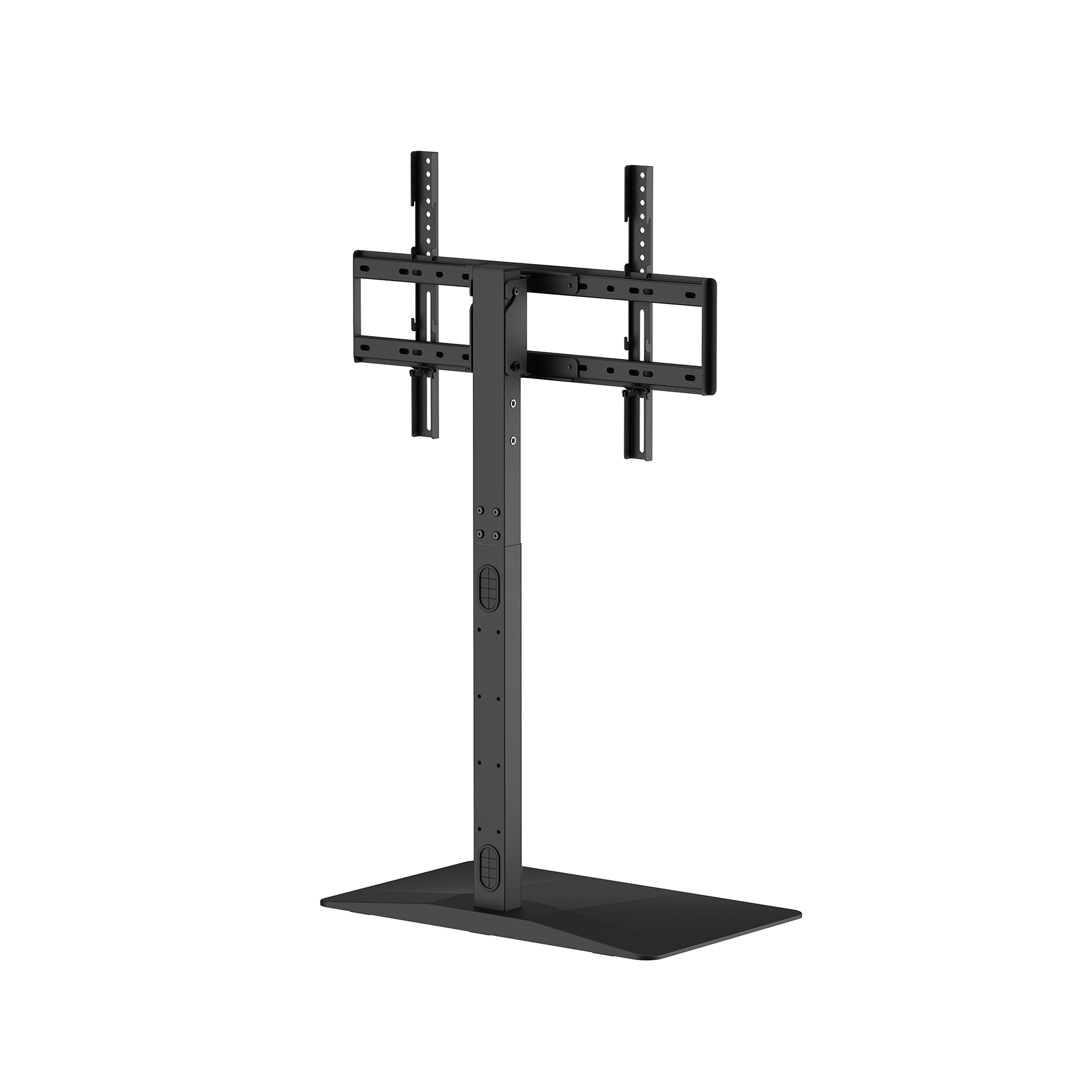 A black TV stand with an adjustable arm and a wide base.