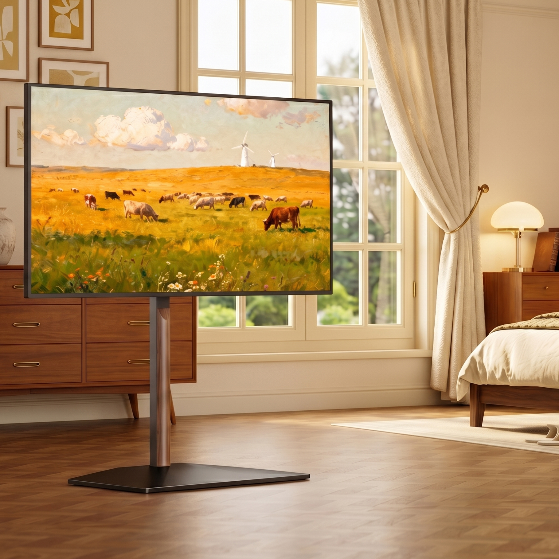 A TV screen displays a landscape painting of cows, sheep, and windmills.