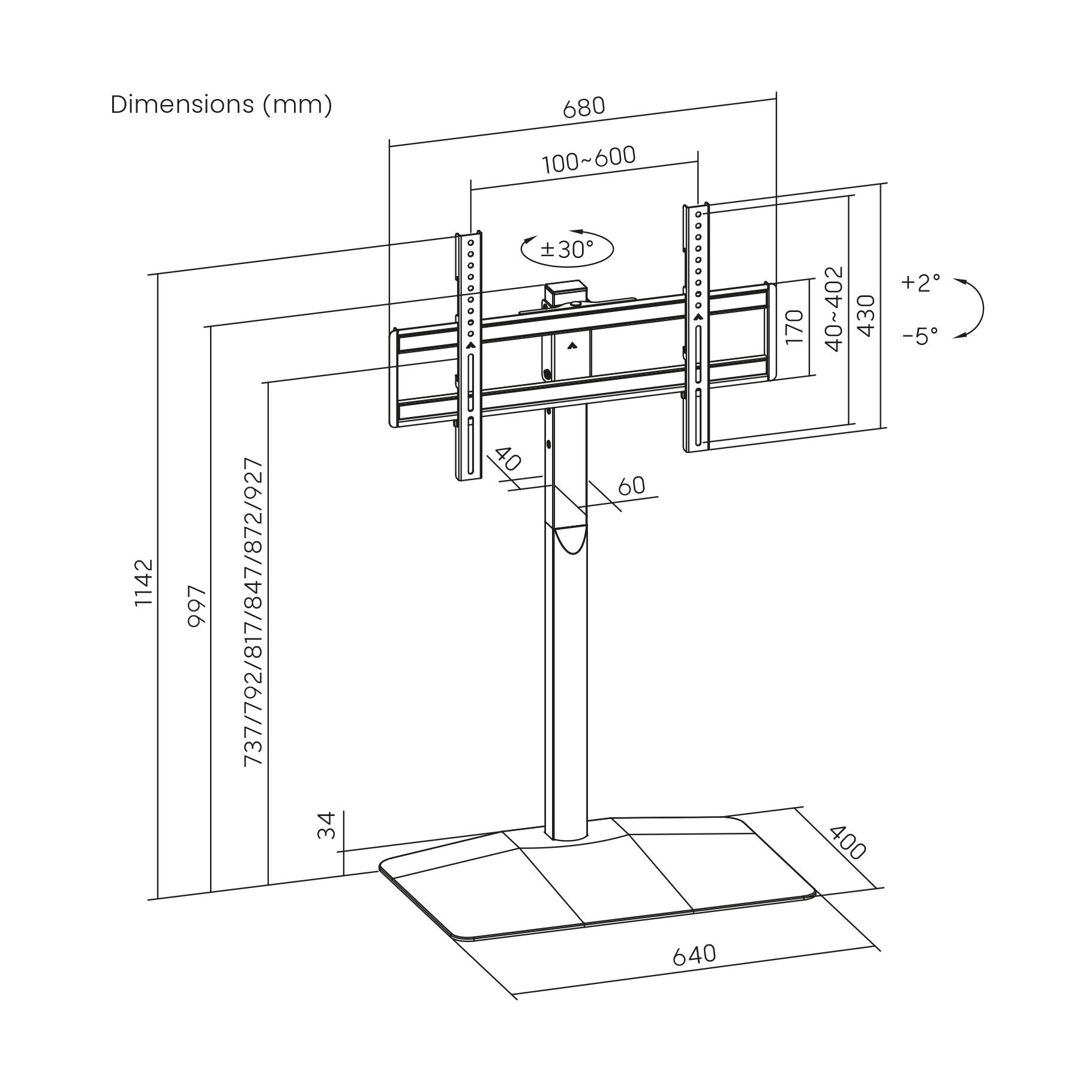 Technical drawing of a TV stand with dimensions. It shows height, width, depth, and angle adjustments.
