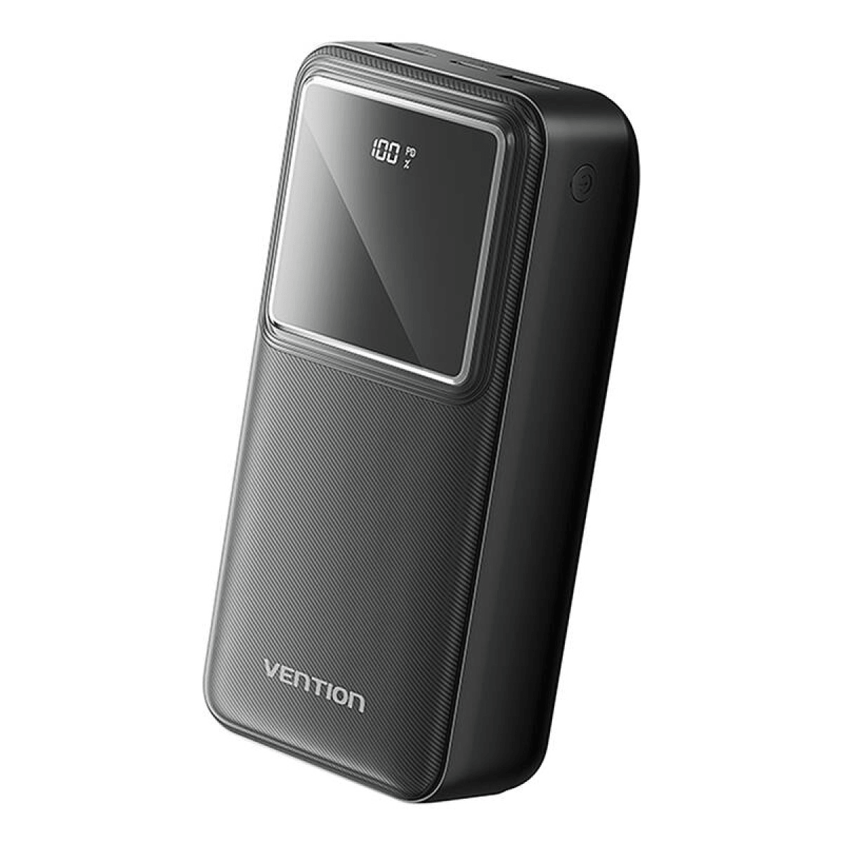 Batería externa Vention negra con 100% de carga en pantalla.