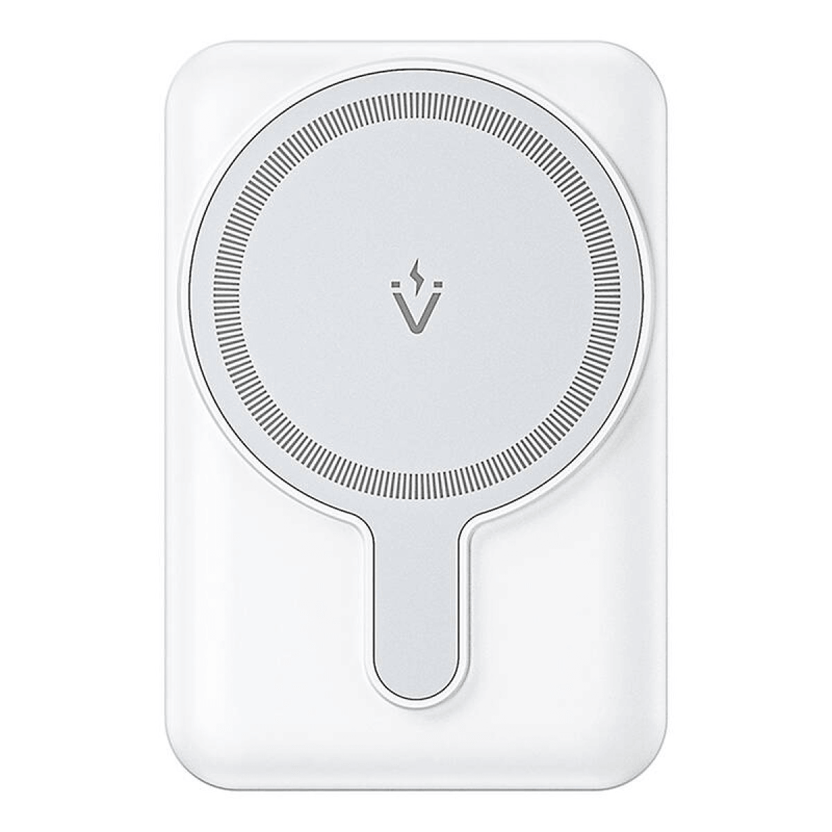 Caricatore wireless bianco con superficie circolare testurizzata e connettore magnetico.