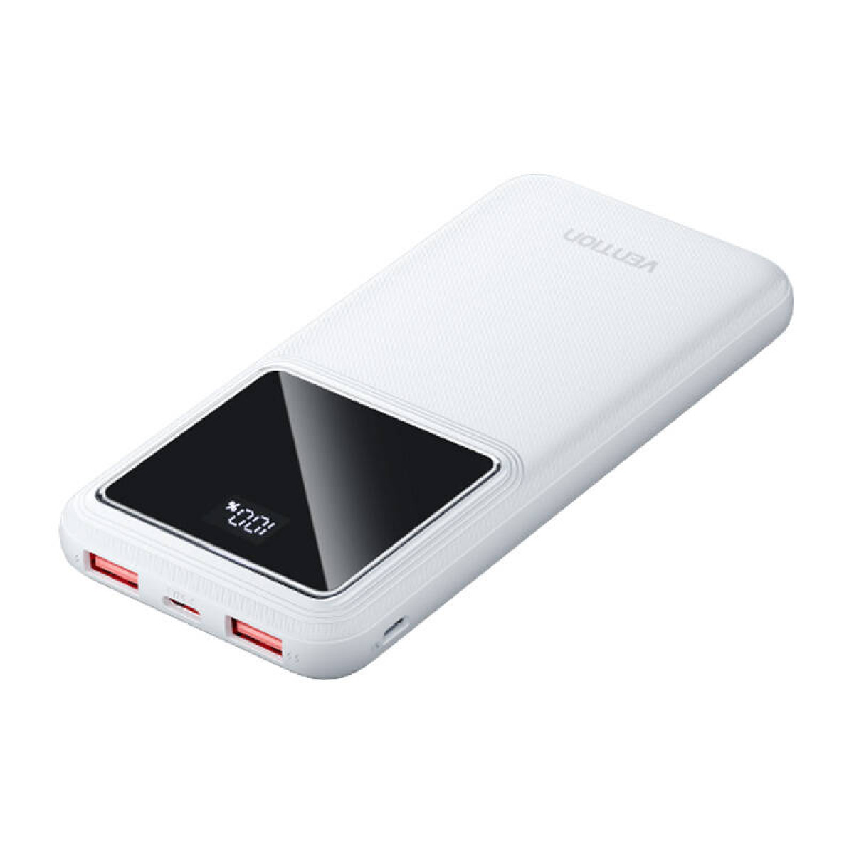 Power bank bianca con schermo nero che mostra il 100%.