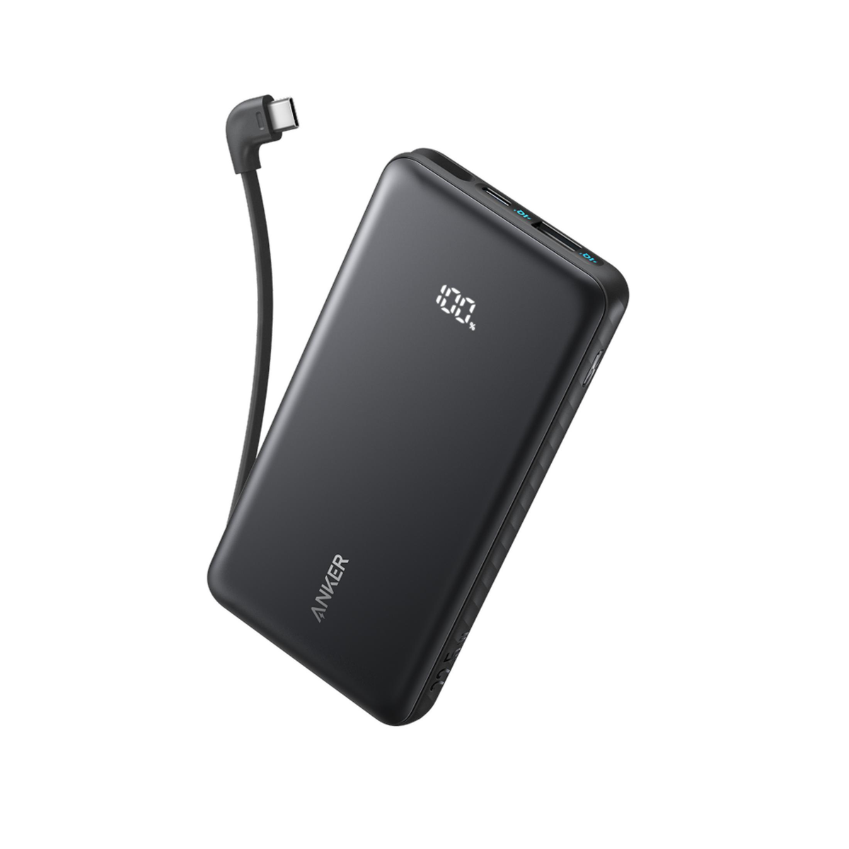 Power bank Anker nera con display digitale e cavo USB-C.