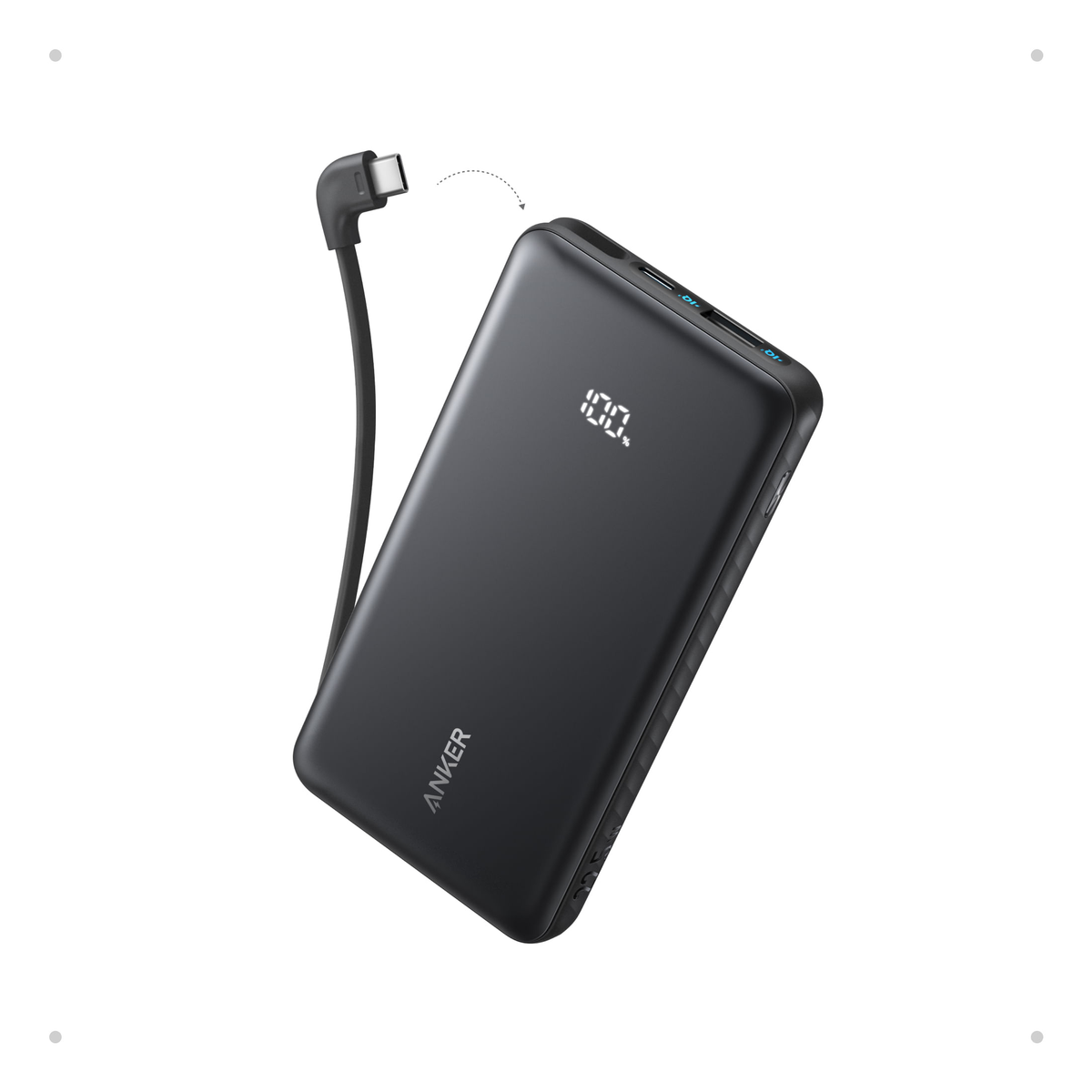 Power bank nero con display digitale, 100% carico, e cavo USB-C.