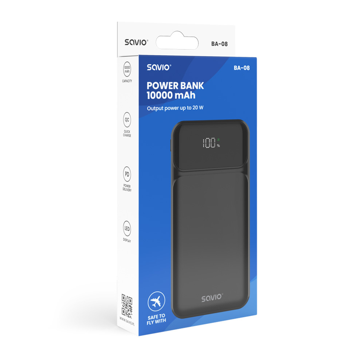 Power Bank Savio nero da 10000 mAh con display 100% sulla confezione.
