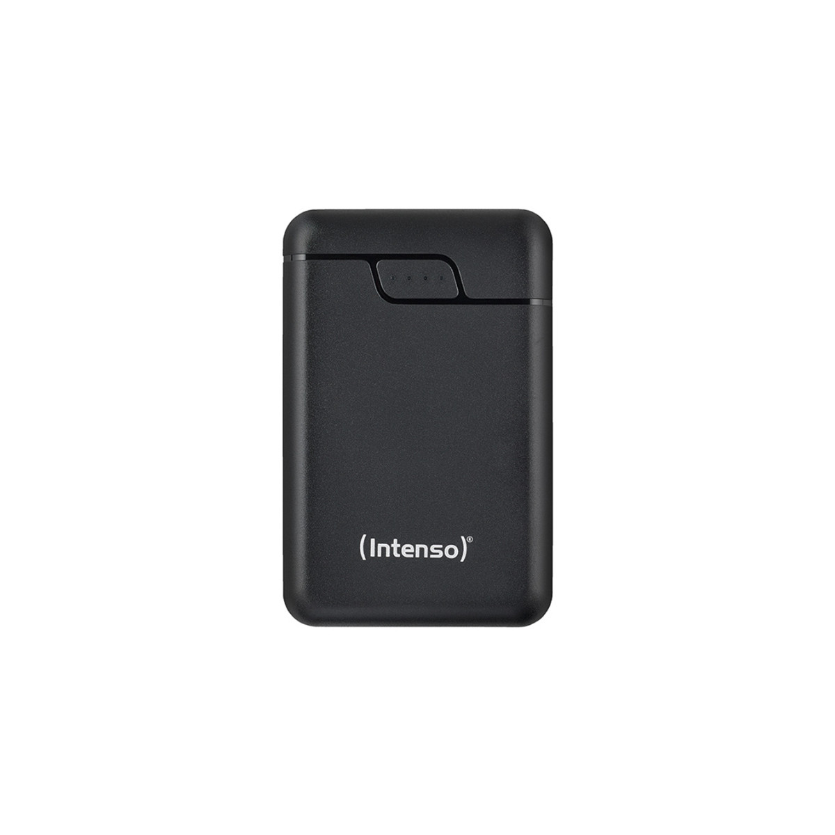 Une batterie externe Intenso noire avec quatre voyants lumineux en haut.