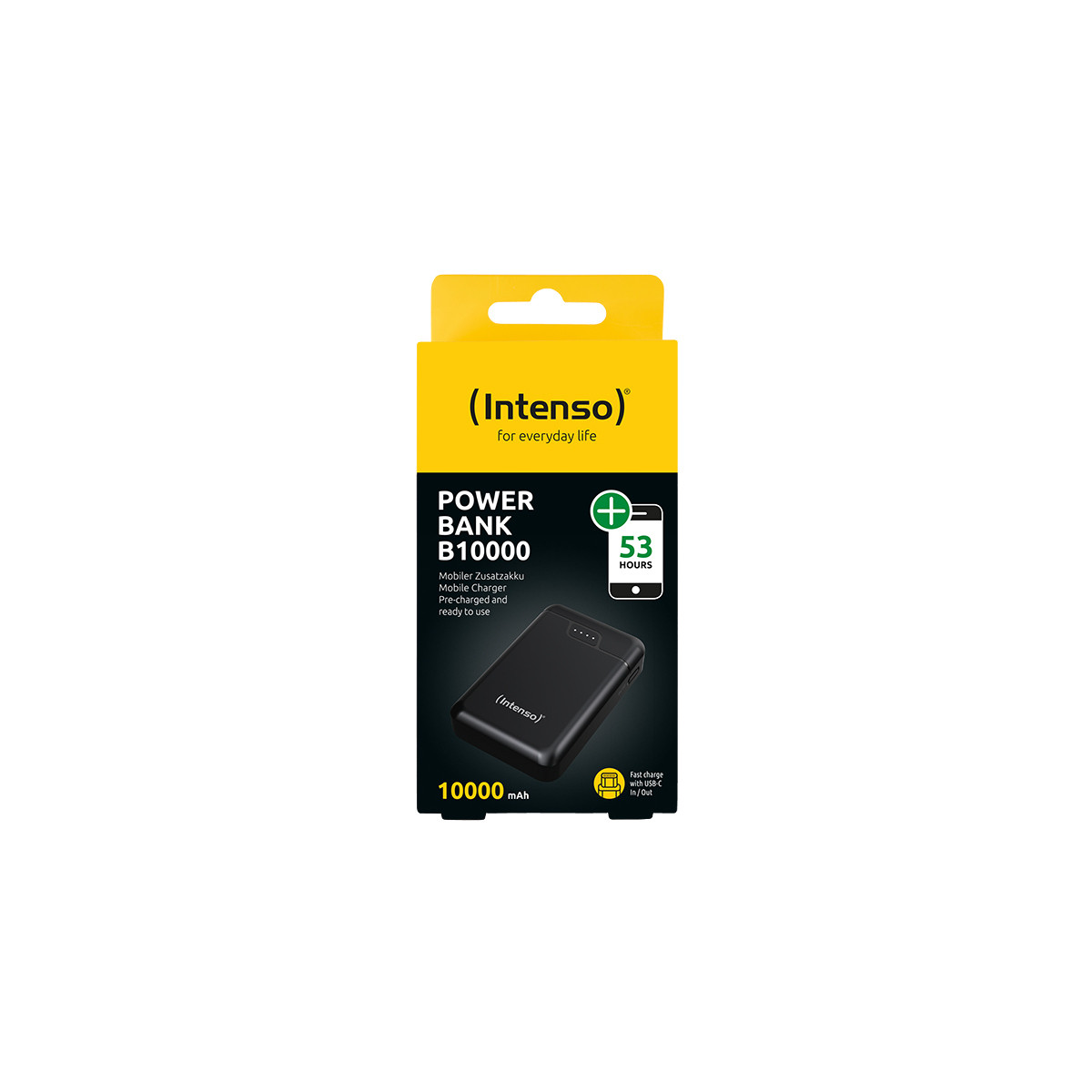 Emballage d'une Power Bank Intenso B10000 noire, 10000 mAh.