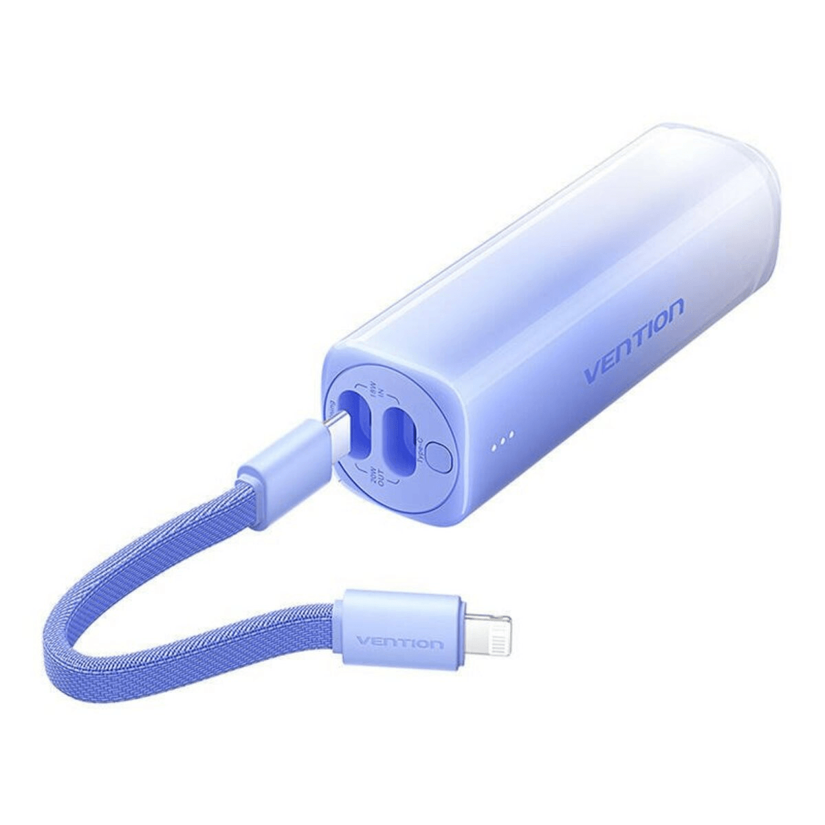Een lavendelkleurige Vention powerbank met een oplaadkabel aan beide uiteinden.