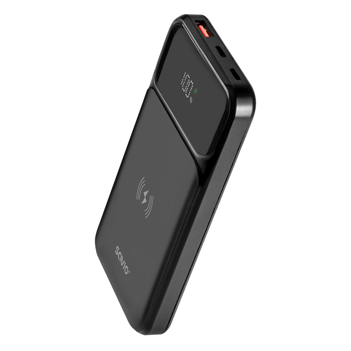 Batería externa negra con 100% de carga en pantalla y símbolo de carga inalámbrica.
