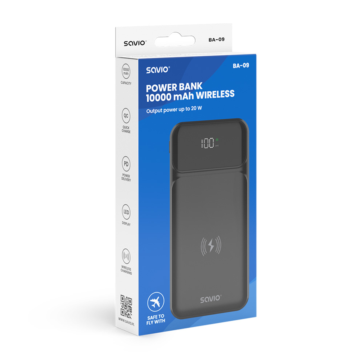 Banco de energía Savio gris de 10000 mAh con pantalla, indicador de carga y carga inalámbrica.