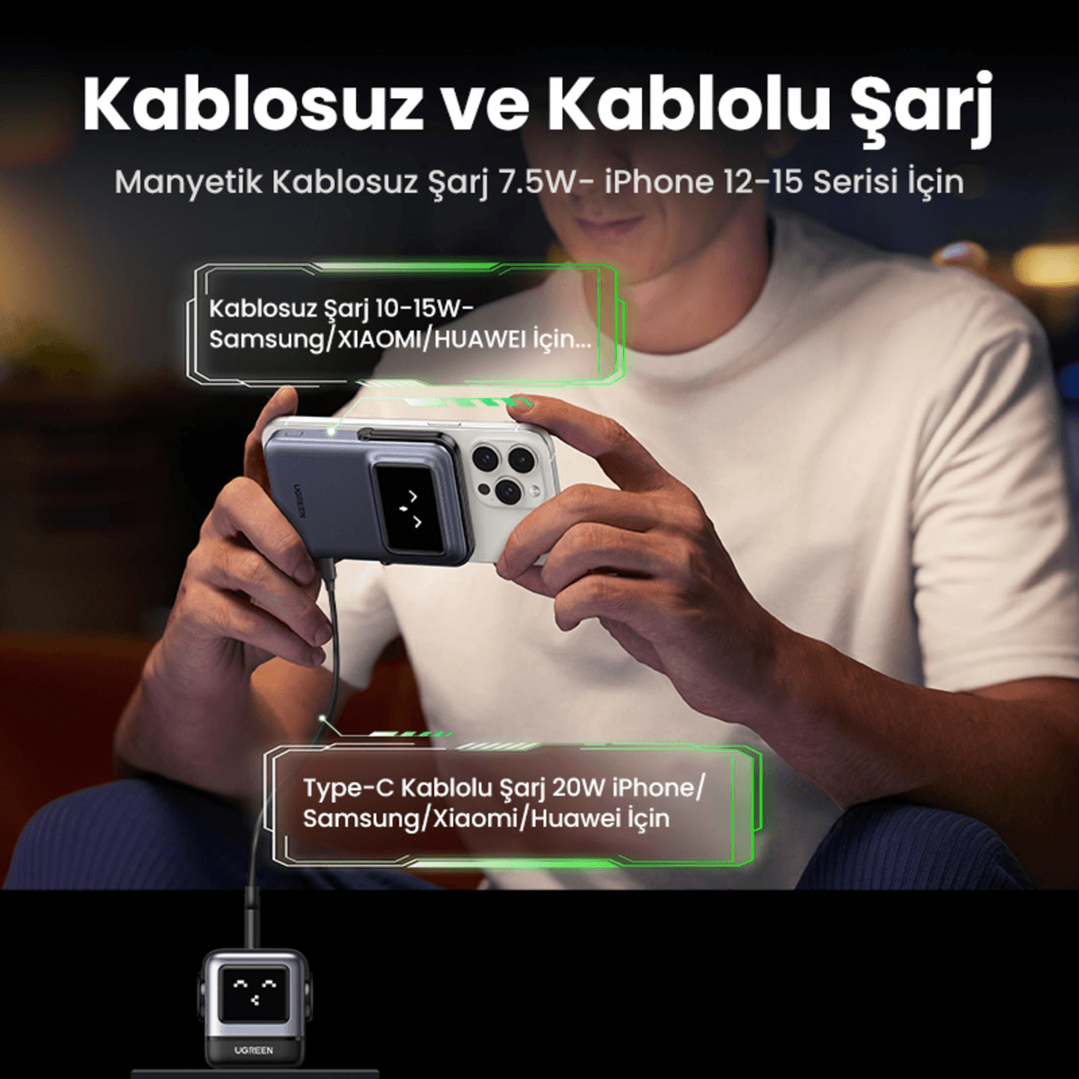 Uomo tiene iPhone con caricatore wireless. Secondo cavo carica un dispositivo.