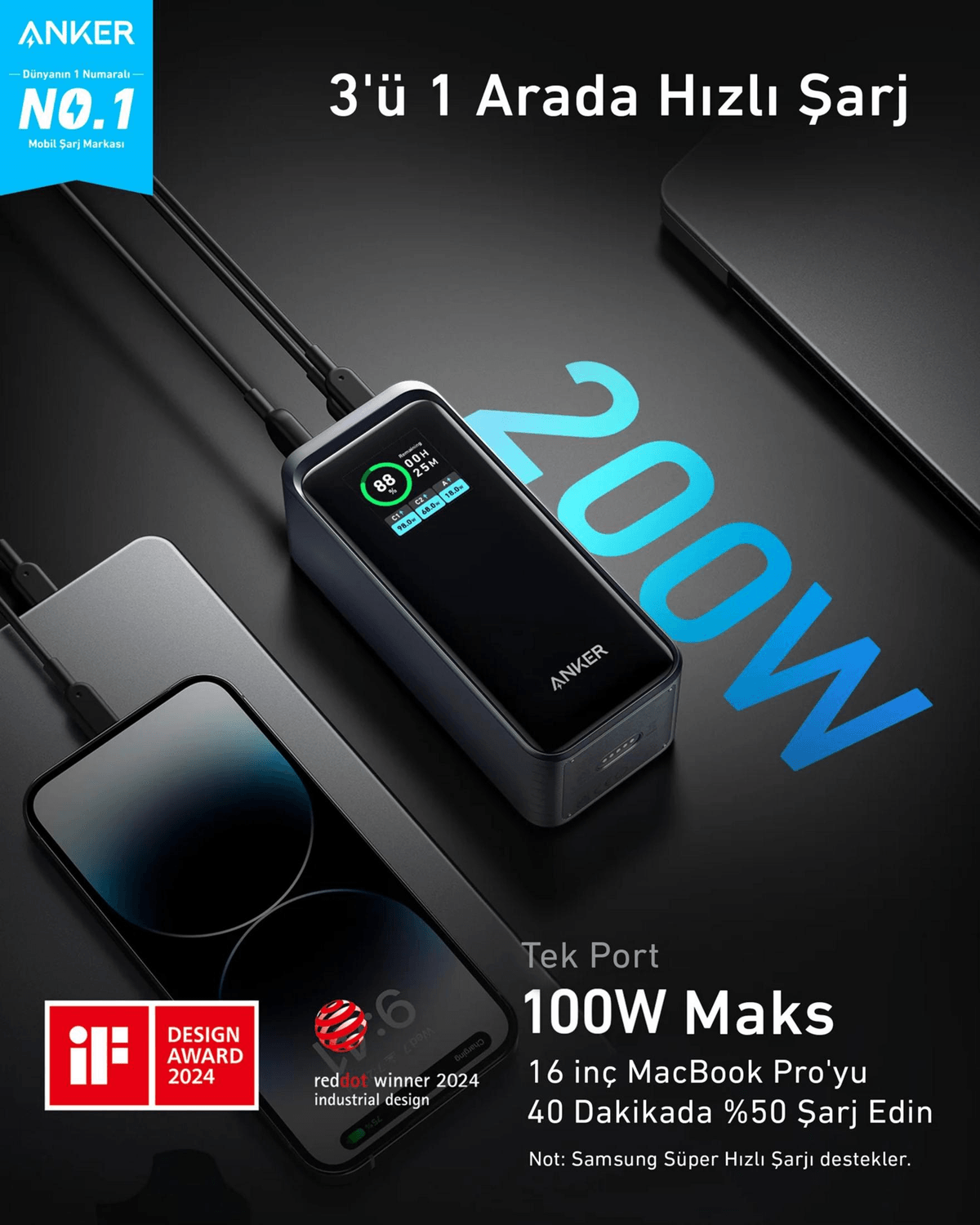 Chargeur Anker 200W avec écran, charge un iPhone et un MacBook Pro.