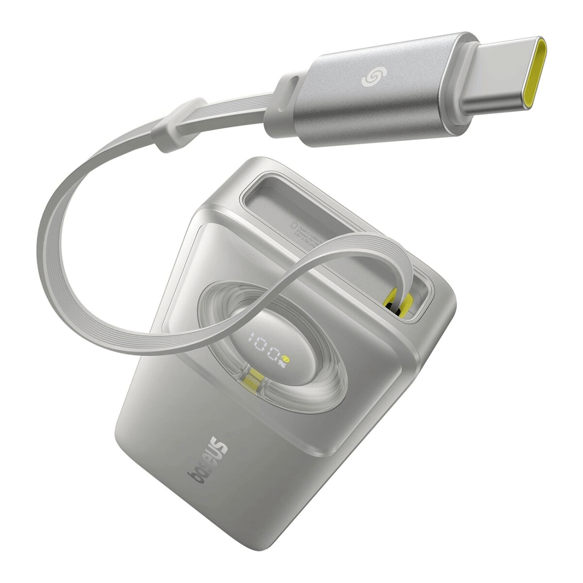 Un power bank bianco con cavo USB-C argentato attaccato, che mostra il 100% di carica.