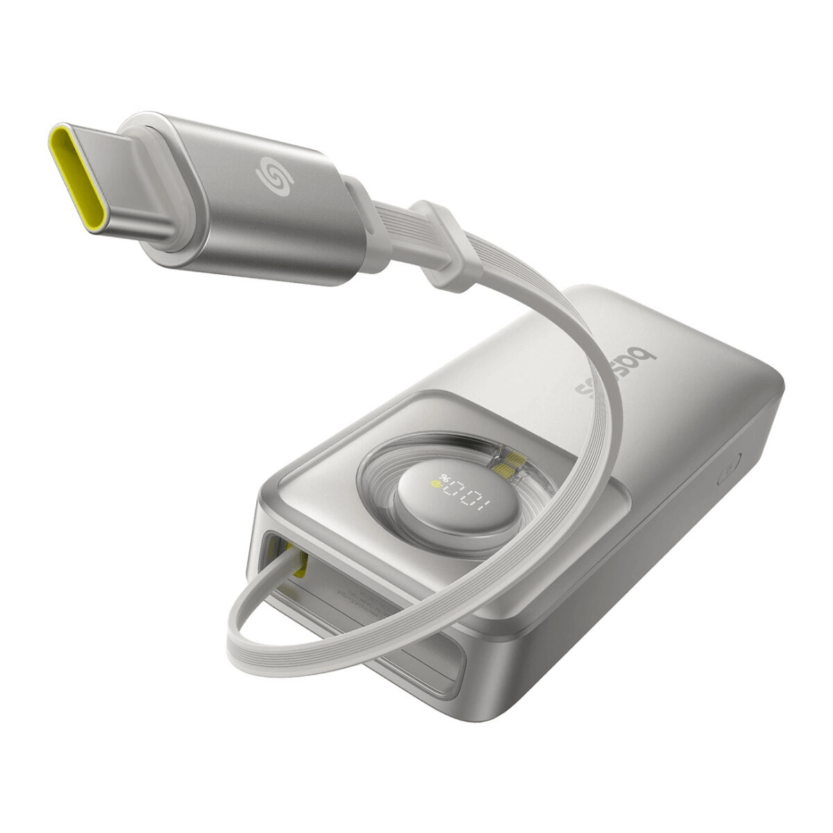 Power bank argento con cavo USB-C e accento giallo sul connettore.