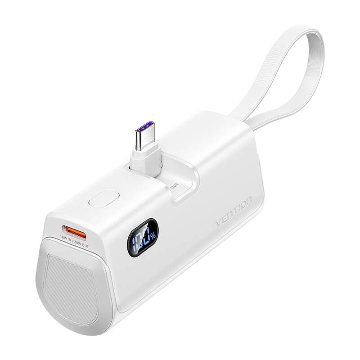 Un power bank VENTION bianco con porta USB-C e display digitale al 100%.