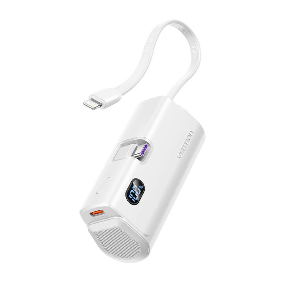 Power bank bianca con cavo di ricarica e display digitale 100%.