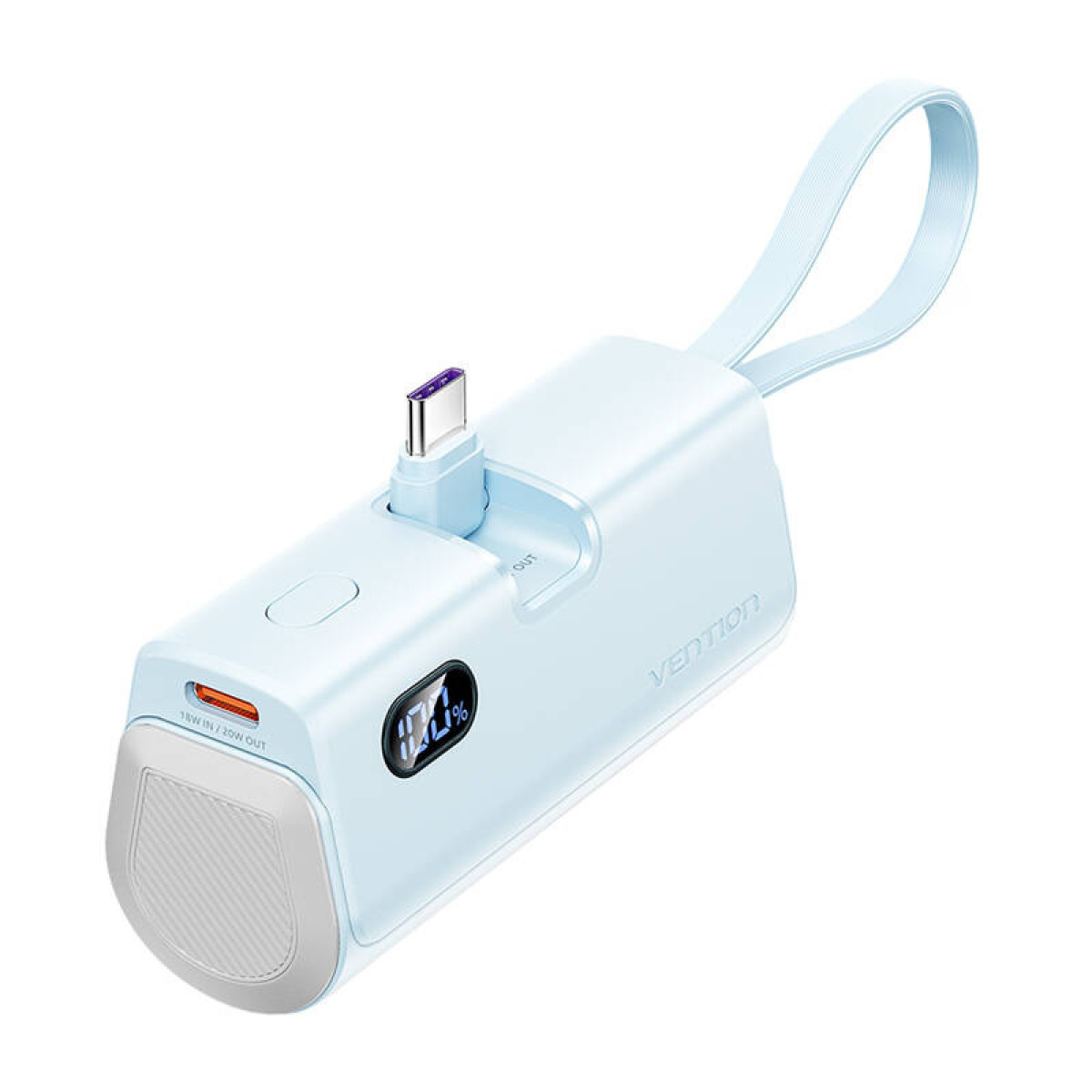 Un dispositivo de power bank azul claro con conector USB-C abatible y correa.