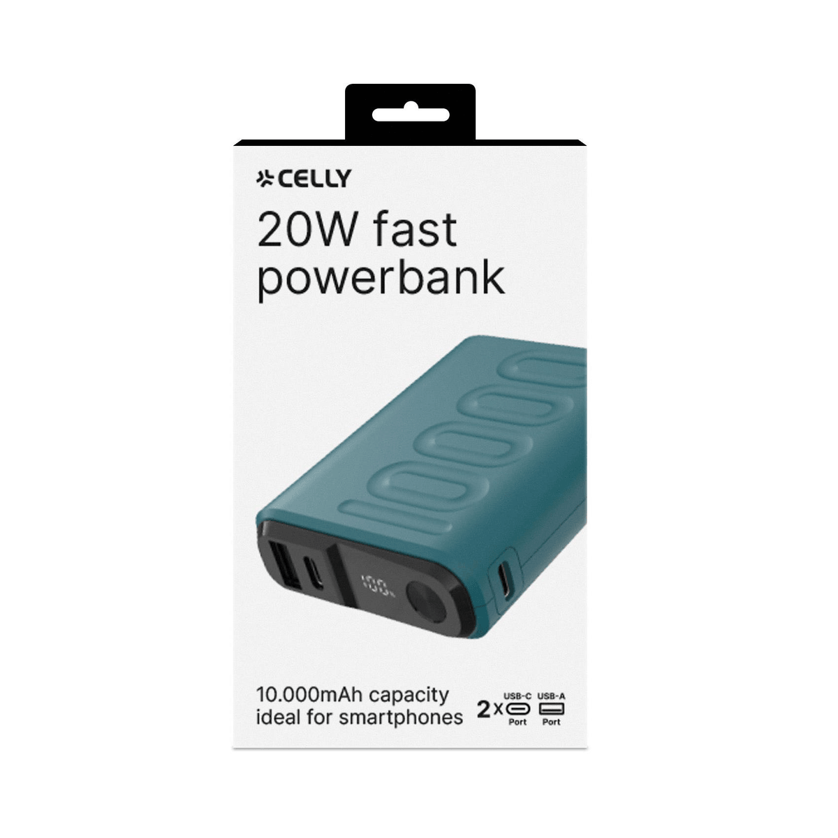 Confezione powerbank rapida Celly 20W, capacità 10.000mAh.