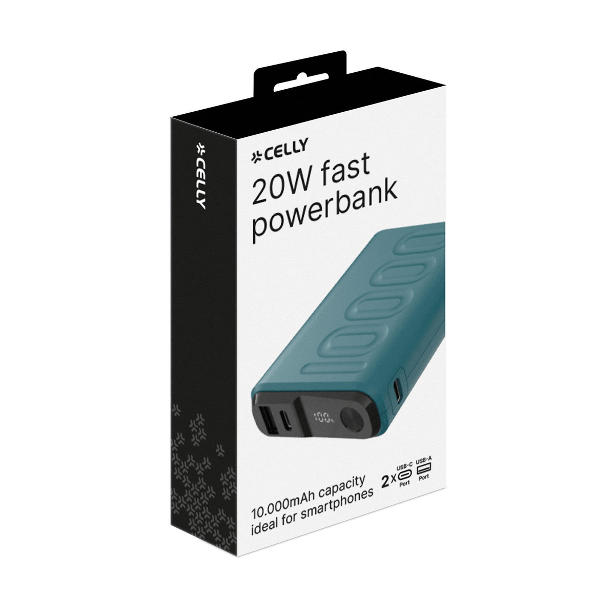 Scatola di un powerbank teal, 20W rapido, capacità 10.000mAh, 2 porte.