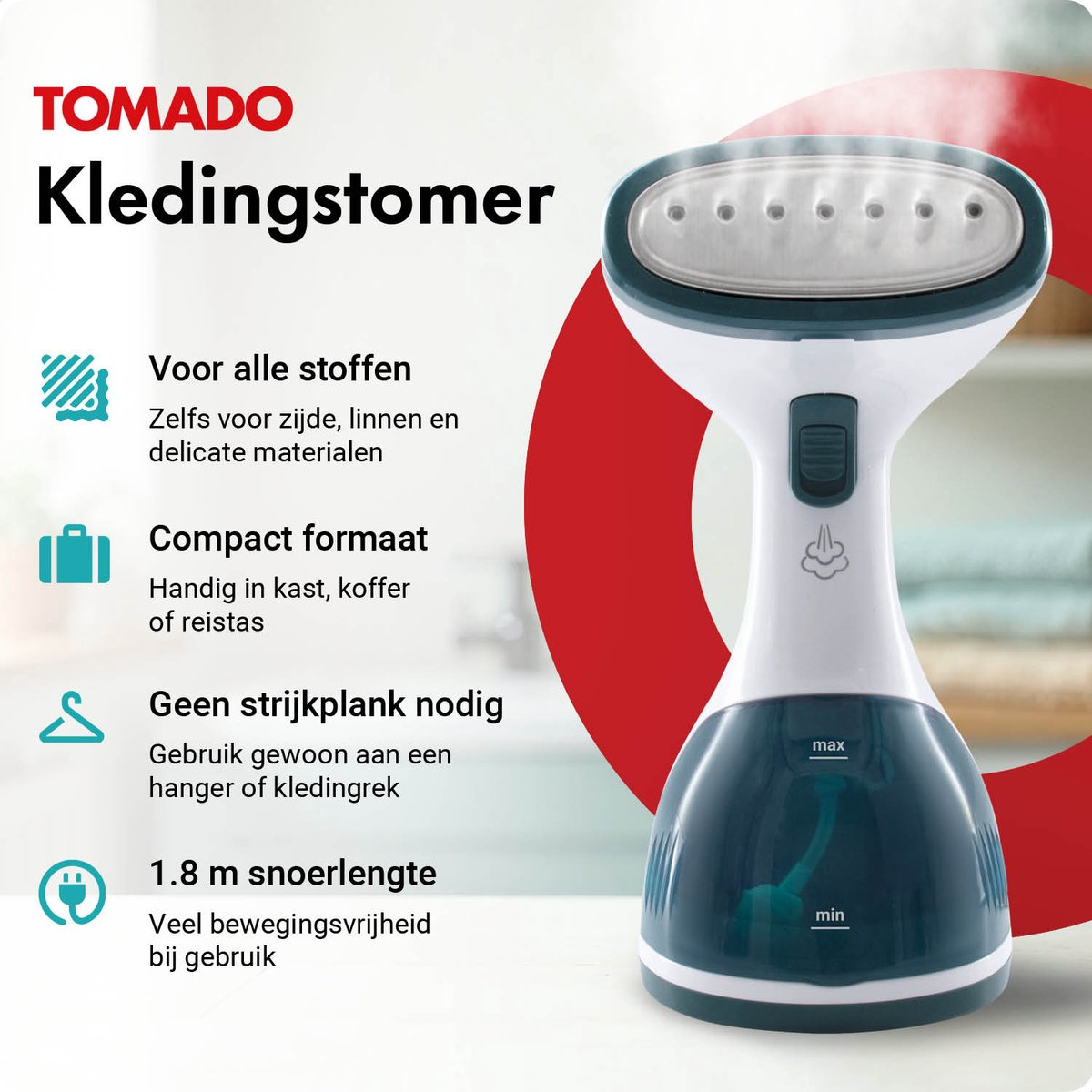 A white and teal handheld garment steamer with text in Dutch.