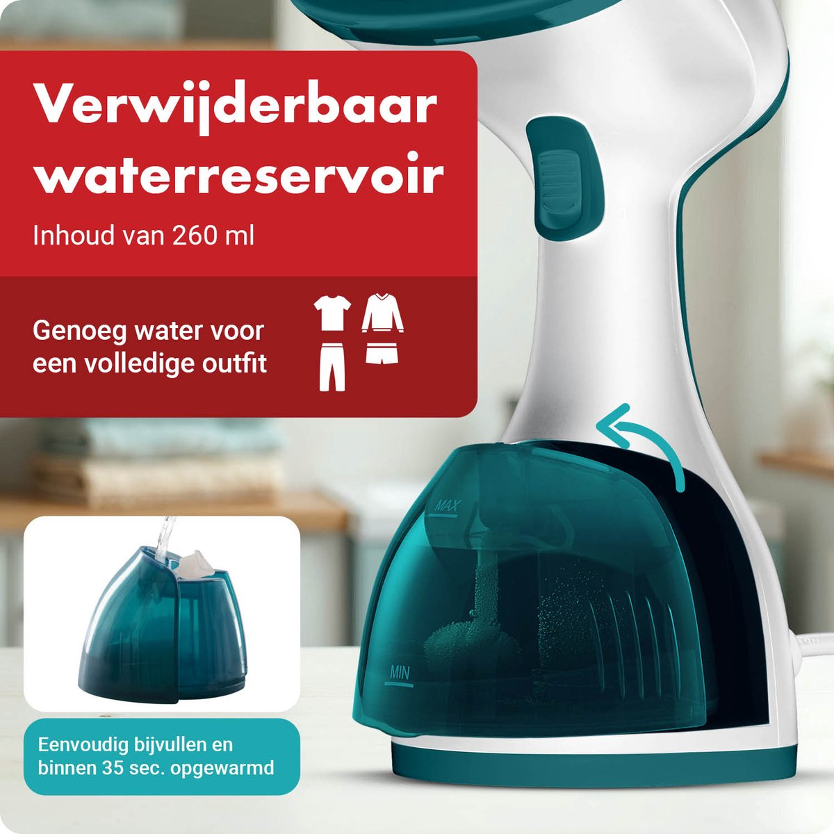 Handheld steamer with detachable 260ml water tank, blue/white.