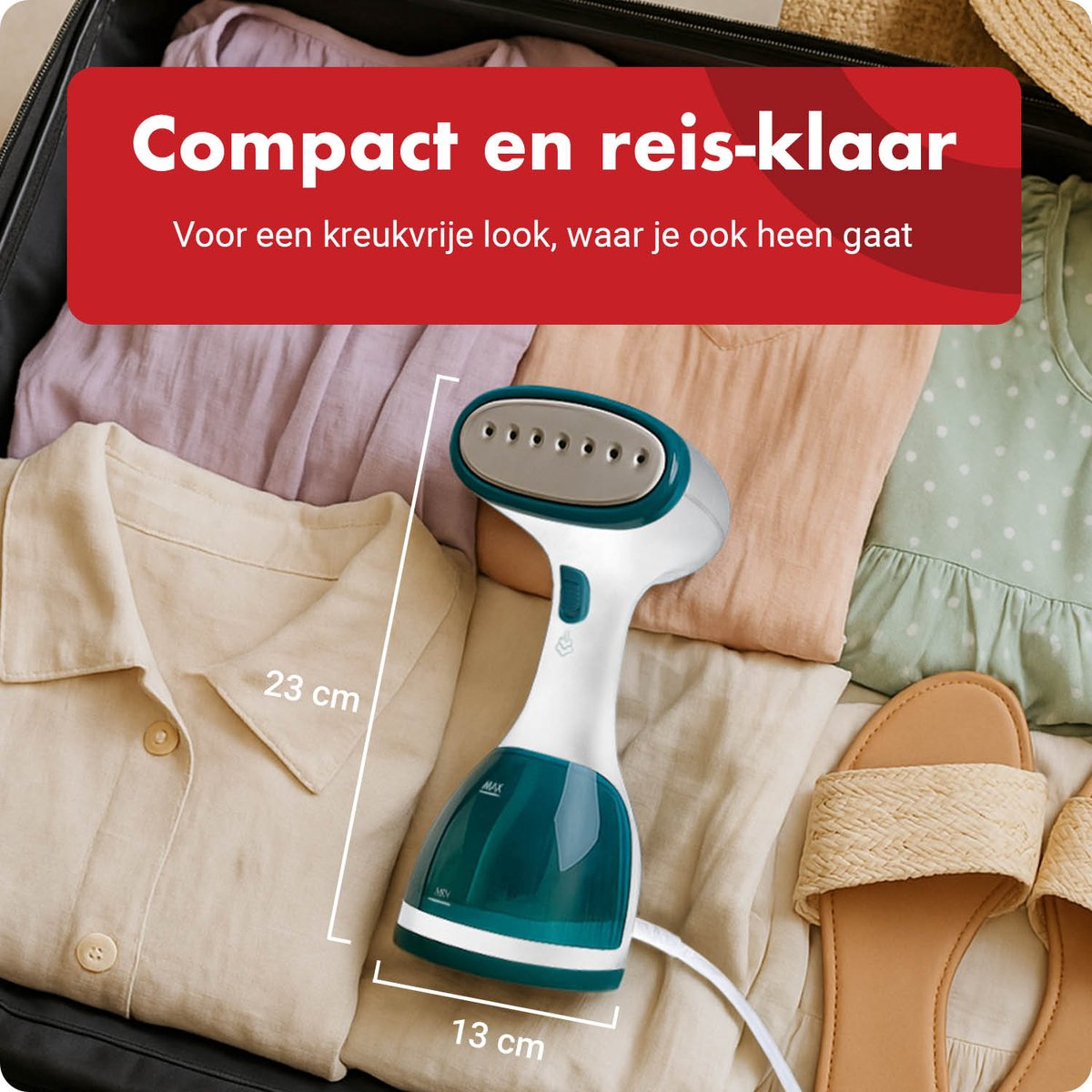 Compact steamer for clothes in a suitcase with garments and sandals.
