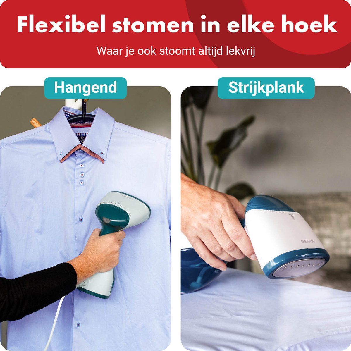 Een persoon gebruikt een handstomer op een blauw overhemd aan een hanger en een wit laken.