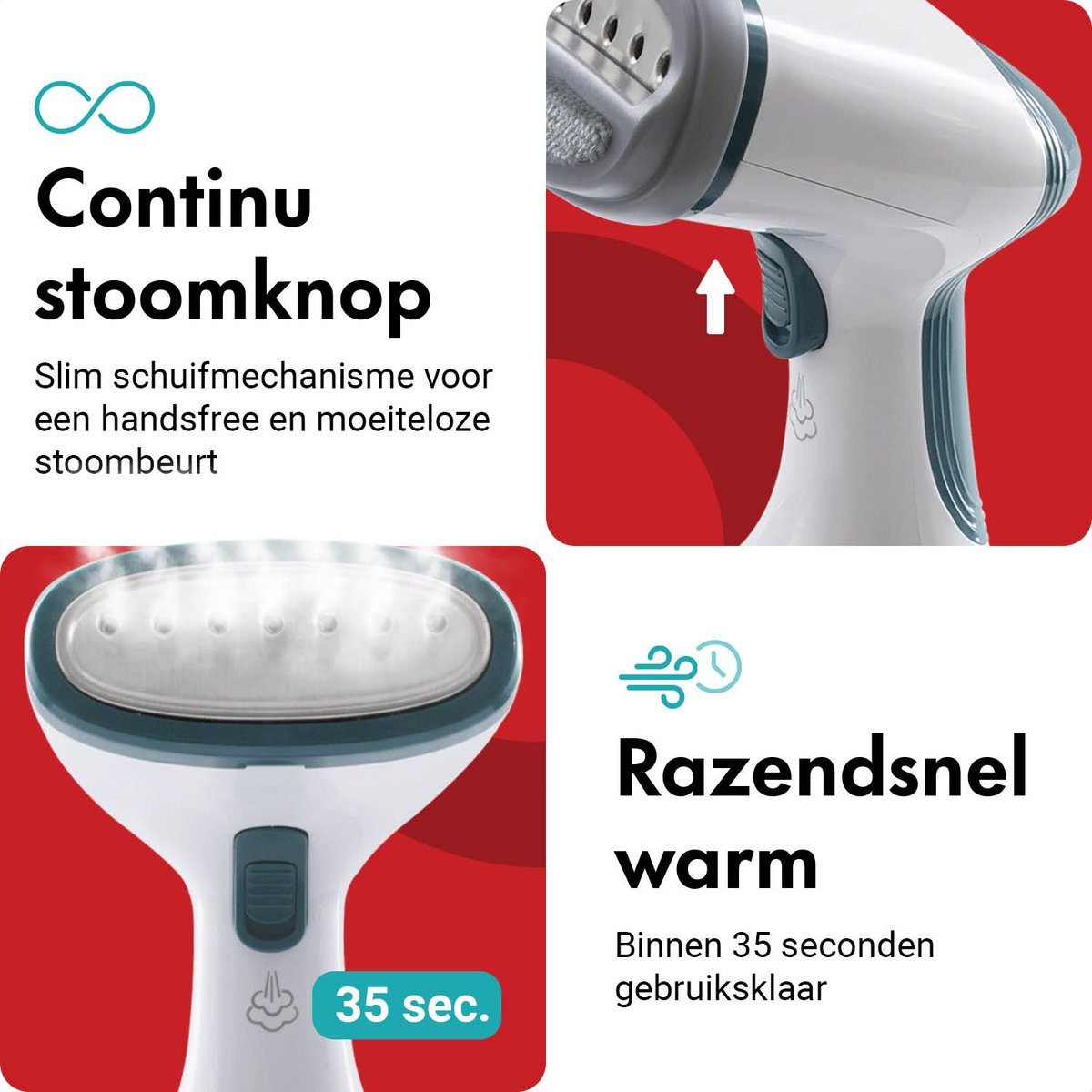 Stoomborstel met continu stoomknop, warmt snel op.