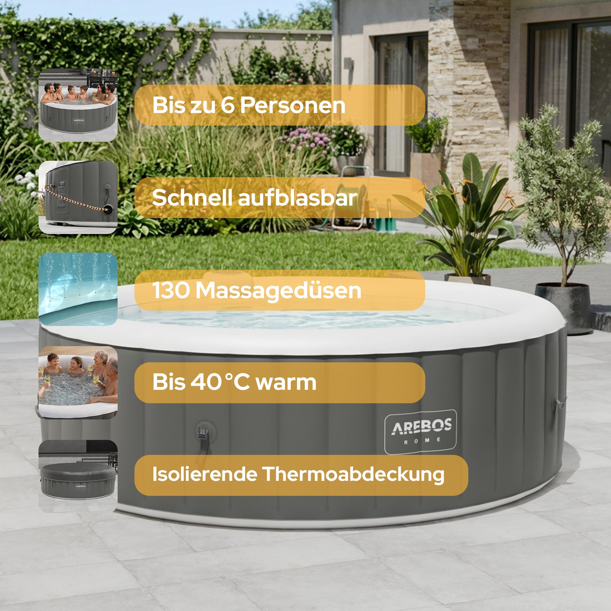 Aufblasbarer Whirlpool für 6 Personen, schnell aufblasbar, 130 Düsen, 40°C warm.