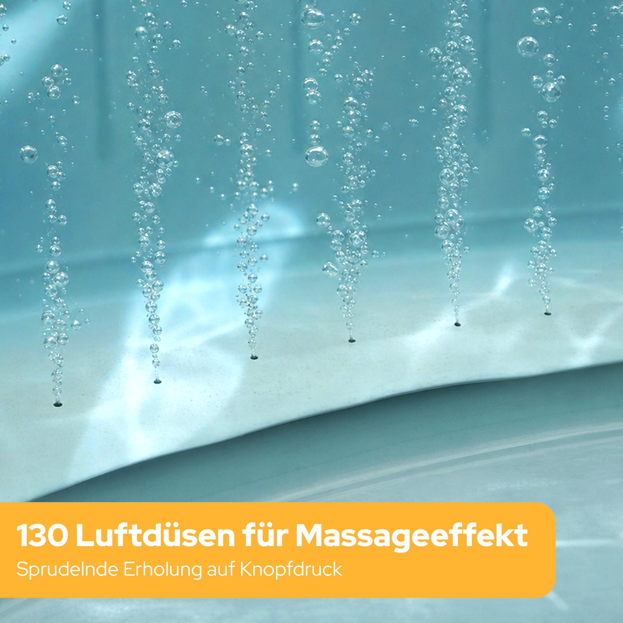 Luftblasen steigen in blauem Wasser auf. Ein gelbes Feld zeigt Text an.
