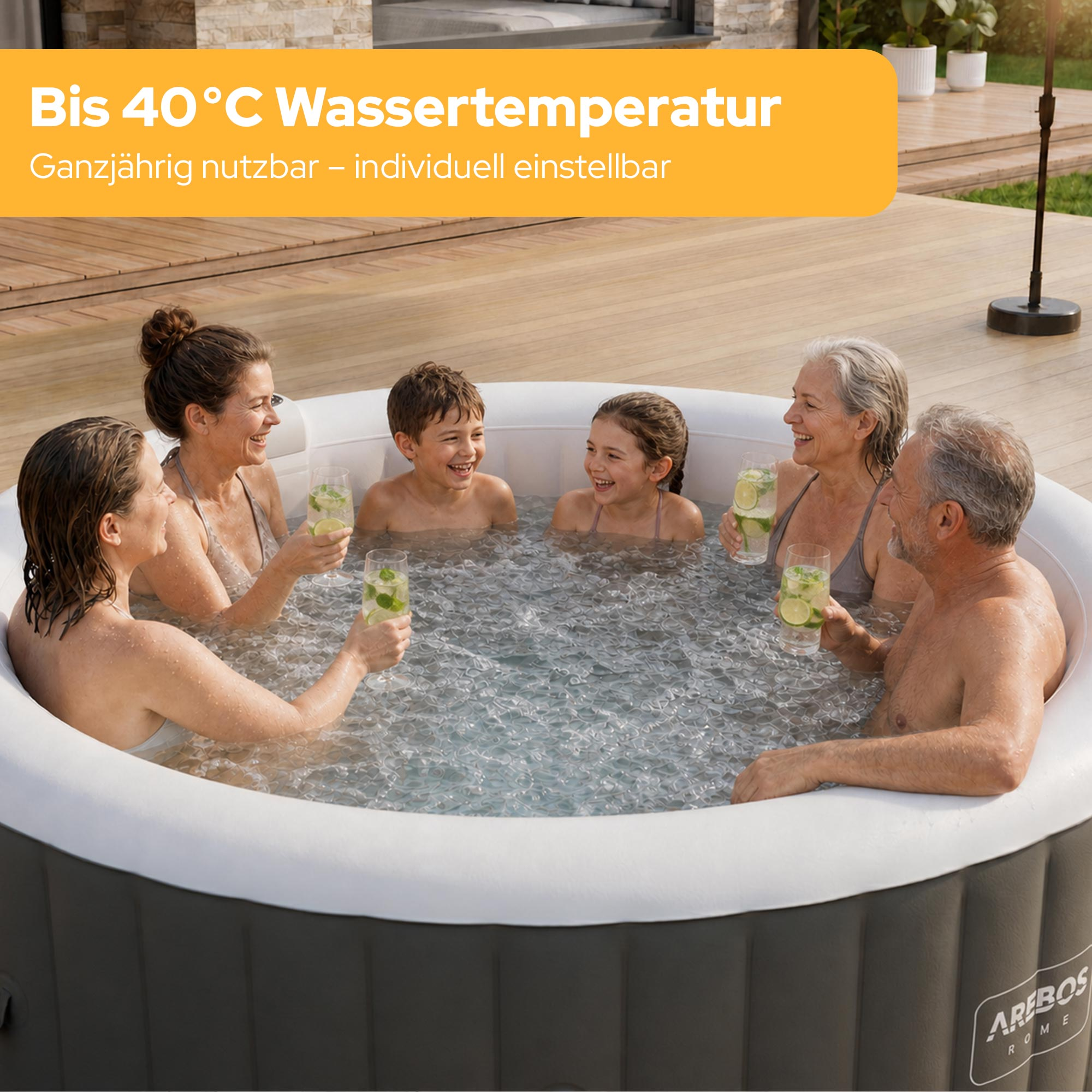 Sechs Personen genießen ein Bad im aufblasbaren Whirlpool mit Getränken an einem sonnigen Tag.